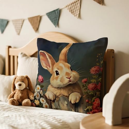 Easter Rabbit Throw Pillow Cover - Bunny Gift for Kids & Women, 18x18 Inches, Animal Decoration 02