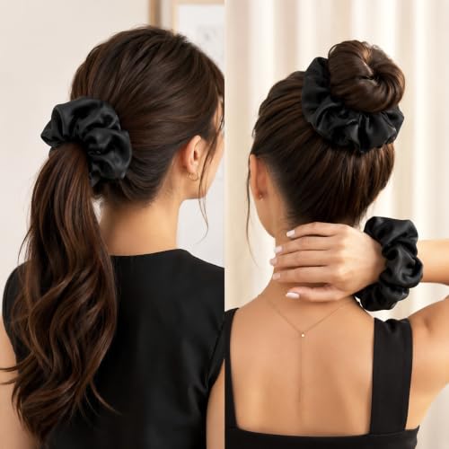Utaly Jumbo Satin Silk Scrunchies 2 Set - Oversize Hair Ties for Thick Hair