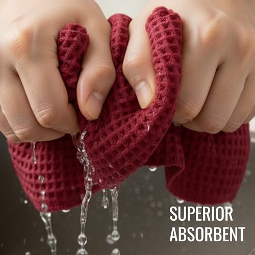 Red 6-Pack Classic Waffle Weave Cotton Kitchen Dish Cloths - Ultra Absorbent & Fast Drying
