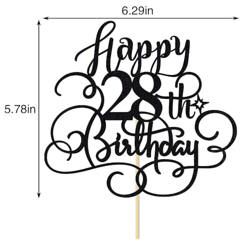 Black Glitter 28th Birthday Cake Topper - Cheers to 28 Years