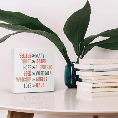 Christmas Wooden Sign - Believe Like Mary Inspirational Rustic Decor, 5x5 Inches - Holiday Home & Office Decor