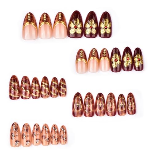 Fall Press on Nails Medium Almond 3D Gold Flower Fake Nails