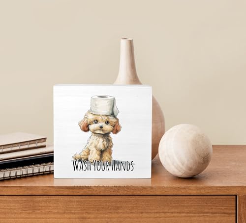 Funny Dog Poodle Bathroom Sign - 5x5 Wooden Box Decor