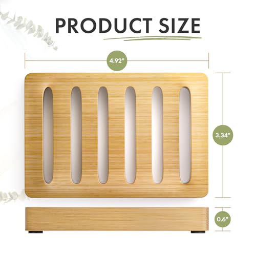 Natural Bamboo Soap Dish Holder 2 Pack - Self-Draining Wood Bathroom & Kitchen Tray