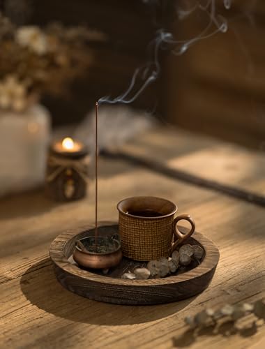 Hanobe Small Brown Round Wood Candle Holder Tray - 7.8" Centerpiece