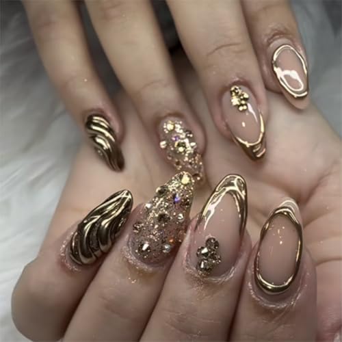 Gold French Tip Press on Nails Medium Almond Acrylic False Nails