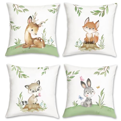 Bonhause 18x18 Inch Animal Throw Pillow Covers (Set of 4) - Bunny, Deer, Fox, Raccoon
