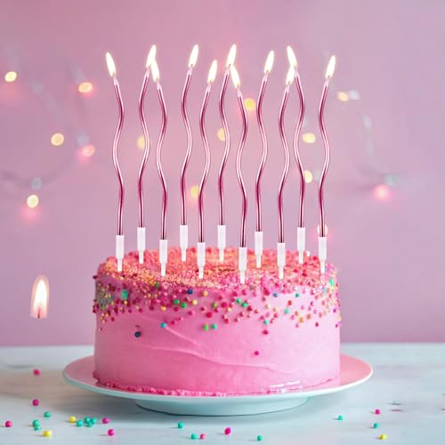 Twisty Birthday Candles - 30 Pack Spiral Metallic Cake Candles with Holders, Rose Gold