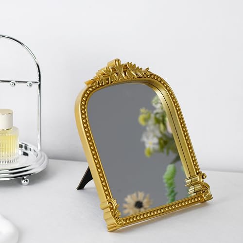 Vintage Gold Arched Makeup Mirror - 10.6-inch Freestanding Vanity Mirror