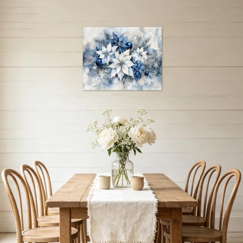 Christmas Wall Art Canvas - Blue and White Poinsettia Floral Decor 20x16 Inch - Ready to Hang