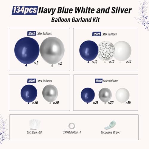 Navy Blue Silver Balloon Arch Kit - 53 Balloons for Parties