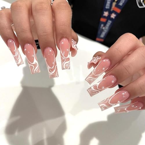 Extra Long Square Pink Press on Nails with Pearl and Line Designs 24Pcs