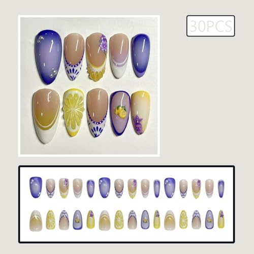 French Tip Press on Nails Medium Almond Acrylic False Nails with Lemon Flower