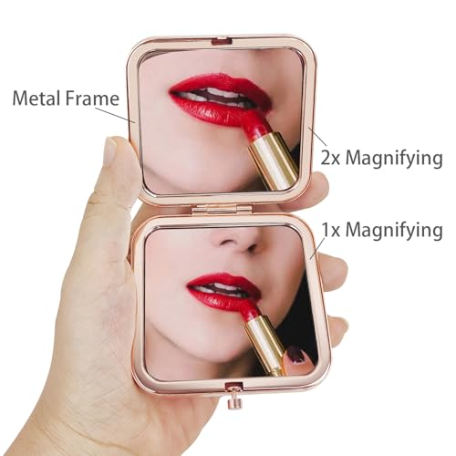 Pocket Mirror for Women, Rosegold Square 2.8”×2.8” Metal Frame