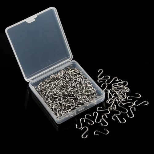 FEBSNOW 250pcs Mini S Hooks 14mm Small Metal Wire Hangars with Storage Box