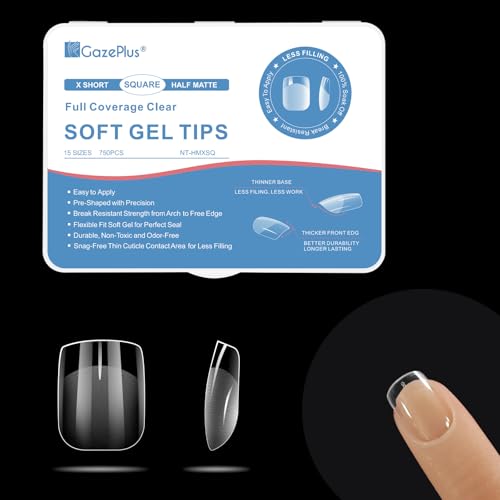 GAZEPLUS Half Matte X Short Square False Nail Tips - 750 Pcs Clear Soft Gel Nail Extension Kit for Salon & Home DIY
