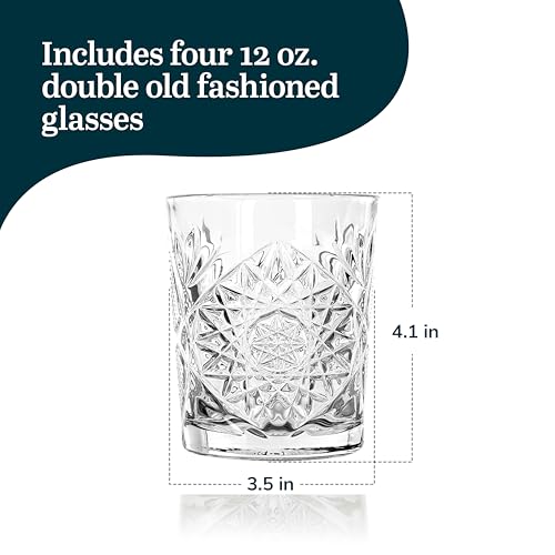Libbey Hobstar Double Old Fashioned Glasses, Clear Cut Glass Drinking Glasses Set of 4, Durable, Vintage Whiskey Glasses for Cocktail, Drinks and More