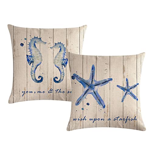 Set of 2 Vintage Ocean Theme Pillow Covers - Seahorse & Starfish