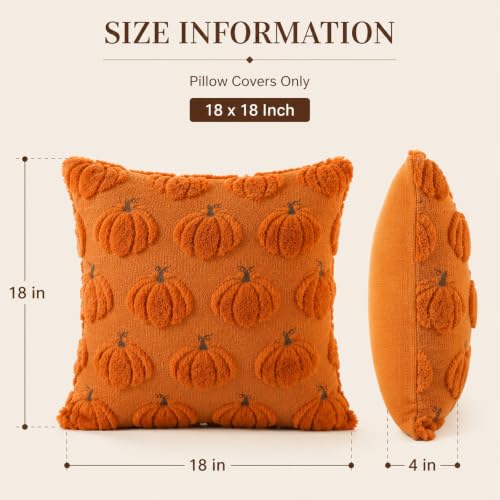 HOSHEN HOME Orange 3D Pumpkin Fall Pillow Covers - 18x18 Set of 2