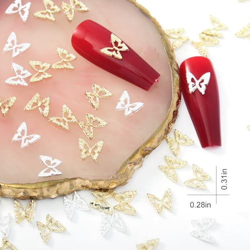 WOKOTO 200pcs Gold and Silver Hollow Butterfly Nail Charms 3D Alloy Studs