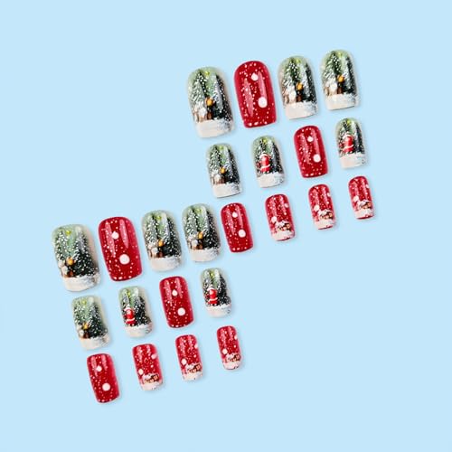 Christmas Press on Nails French Tip Short Square False Nails Winter Art