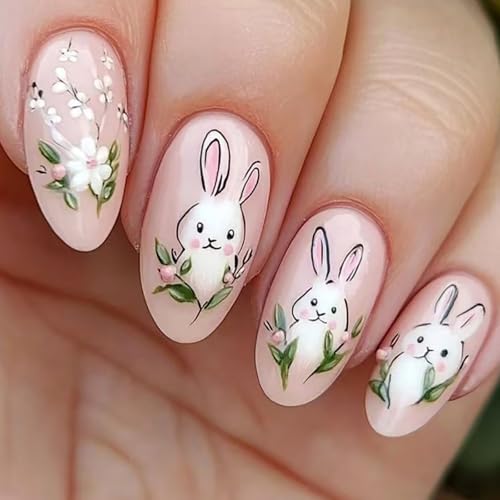 ASABITE Easter Press on Nails Short Almond Bunny Flower False Nails Kit