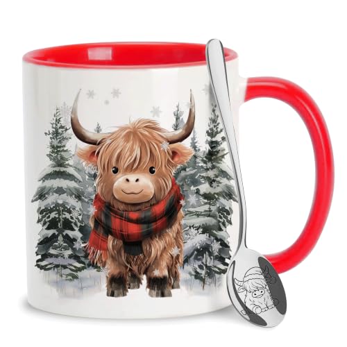 Highland Cow Christmas Mug with Spoon - Festive Holiday Coffee Cup - Xmas WR