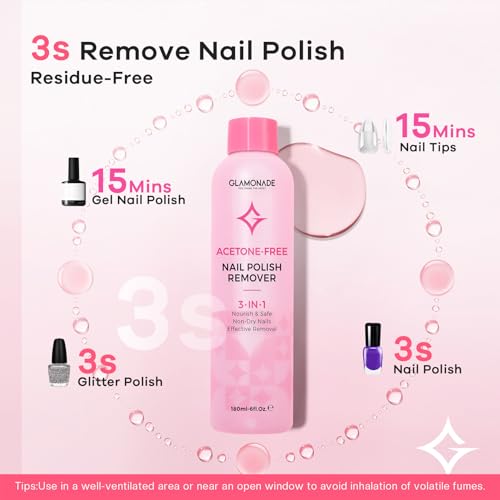 Glamonade Acetone-Free Nail Polish Remover - Gentle Gel Polish Soak Off Formula with Aloe and Rose Oil, 6 Fl Oz