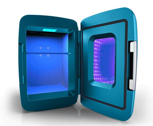 Frigidaire Gaming Light Up Mini Beverage Refrigerator, 6 can, 4 liters, Cooler with large see through door and LED lights Perfect for Gaming Experience, Home, Office, or Cars.12V Charger (Blue)