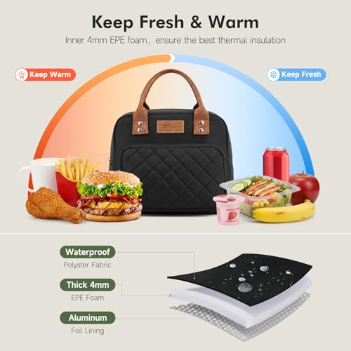 HOMESPON Black Insulated Lunch Bag - Water Resistant Tote with Pockets