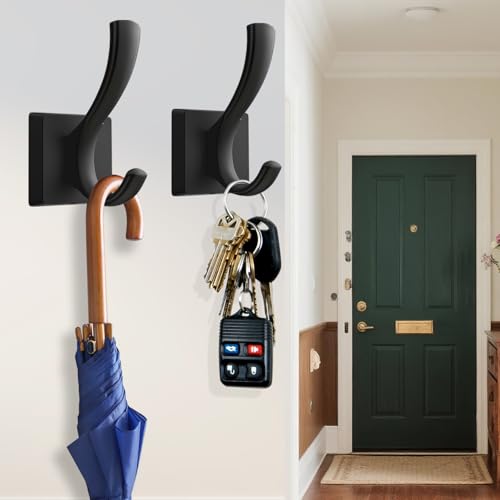 Heavy Duty Black Towel Hooks - 2 Pack Wall Mount for Coats, Towels, and Bags