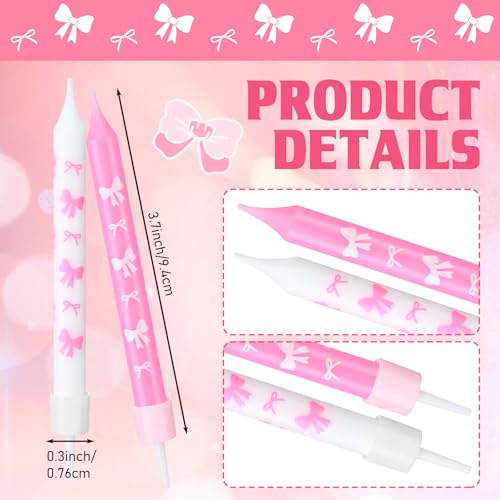 Conelist 12 Pink Bow Birthday Candles for Cake, Coquette Aesthetic, Pink & White