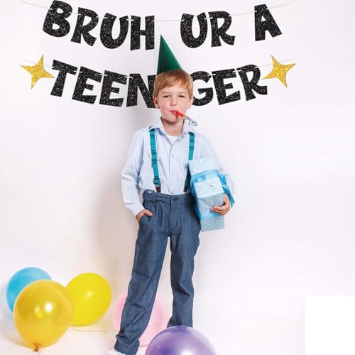 Black Gold 13th Birthday Banner - Bruh UR A Teenager Decorations