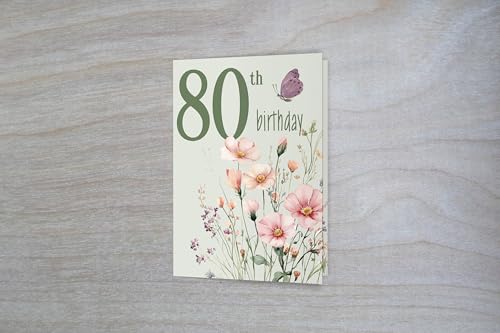 Red Door Inspirations 80th Happy Birthday Card - 80th Green Floral, Made in USA