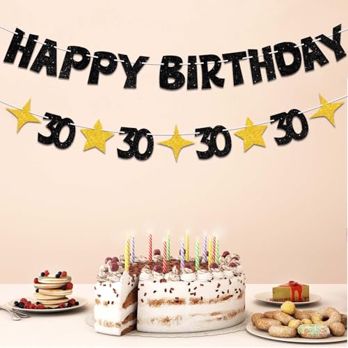 Happy 30th Birthday Banner, Black and Gold Pre-Strung Party Decoration