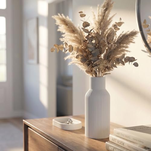 Modern Matte White Ceramic Ribbed Vase for Fresh & Dried Flowers