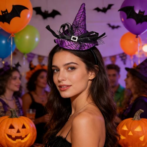 Doneace Halloween Witch Hat Headband Spiderweb Hair Hoop Costume Prop