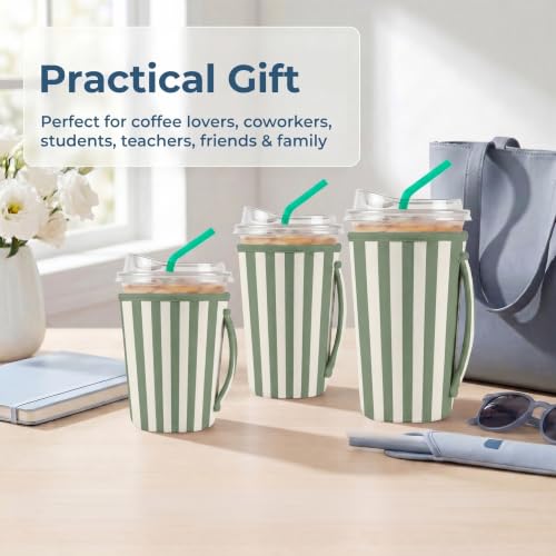 ArtSocket 3-Pack Iced Coffee Sleeves with Handle - Sage Stripes, 16oz-32oz Reusable Insulated Cup Sleeves