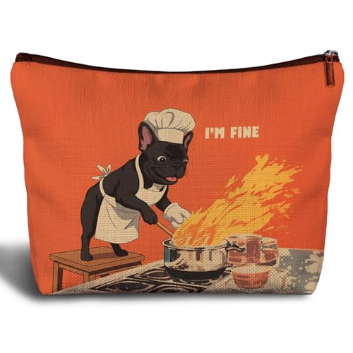 French Bulldog Linen Makeup Bag - Funny Cooking Frenchie Travel Pouch