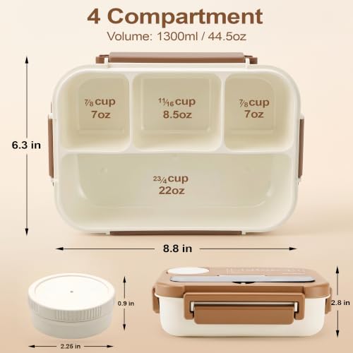 DEERLEAP Bento Box Lunch Container - 4 Compartment, 1300ml, BPA-Free, with Sauce Tray & Utensils