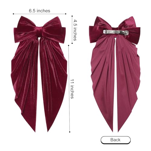Aileam Velvet Hair Bows for Women and Girls, 2-Piece Oversized Hair Ribbon Clips with Long Tails, Green & Wine Red