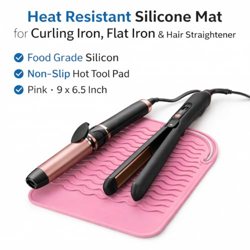 Heat Resistant Silicone Mat for Hair Straightener & Curling Iron - Pink 9x6.5"
