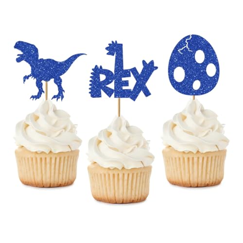 Dinosaur Cupcake Toppers - 24 PCS Glitter Blue T-Rex Decorations