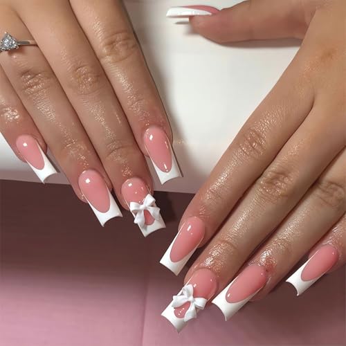 White French Tip Press On Nails with 3D Bow Knot Glossy Pink