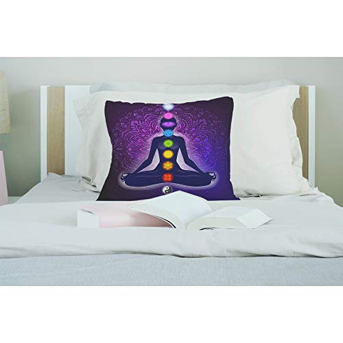 EKOBLA Multi-a325 Meditating Woman Lotus Pose Pillow Cover, 18x18 Inch Cotton Linen, Colorful 9 Chakras Design