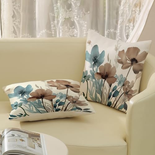 Floral Pillow Covers Set of 2, 16x16 Inch Linen - Blue Brown