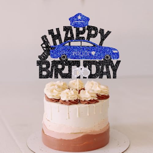 Black Glitter Police Car & Officer Cake Topper - Kids Birthday Party