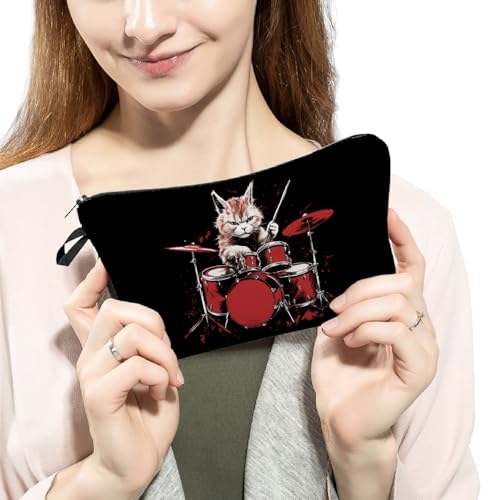 Cat Drummer Cute Makeup Bag Padded Cosmetic Organizer Zipper Pouch