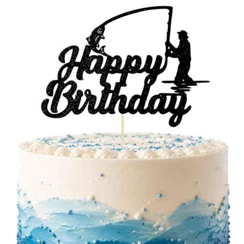 Fishing Happy Birthday Cake Topper - Glitter Fisherman Cake Decoration