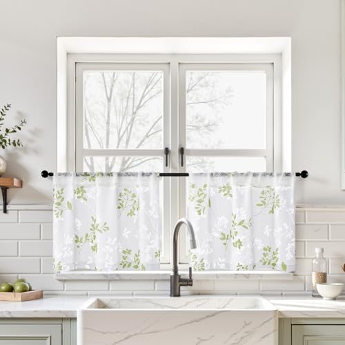 HOMEIDEAS Green Leaf Kitchen Curtains 30x24 Inch Semi Sheer 2 Panels